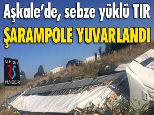 Aşkalede sebze yüklü tır şarampole yuvarlandı