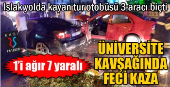 Yağmurlu yolda kayan tur otobüsü 3 aracı biçti: 7 yaralı