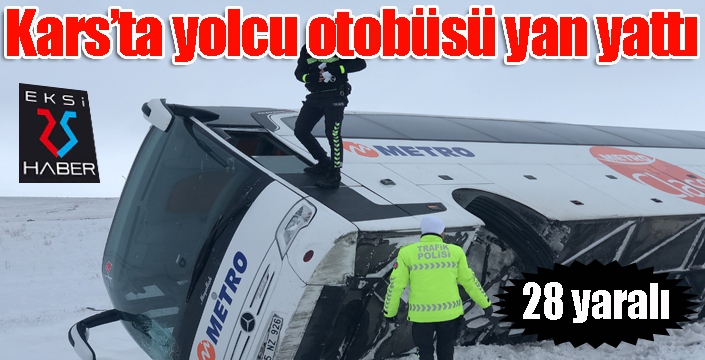 28 yolcusu bulunan otobüs kayarak yan yattı